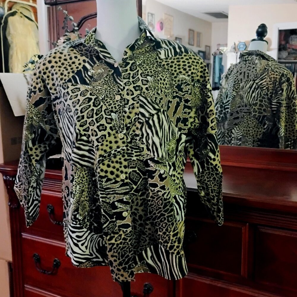 Tan & Black Leopard Print Button Down Blouse